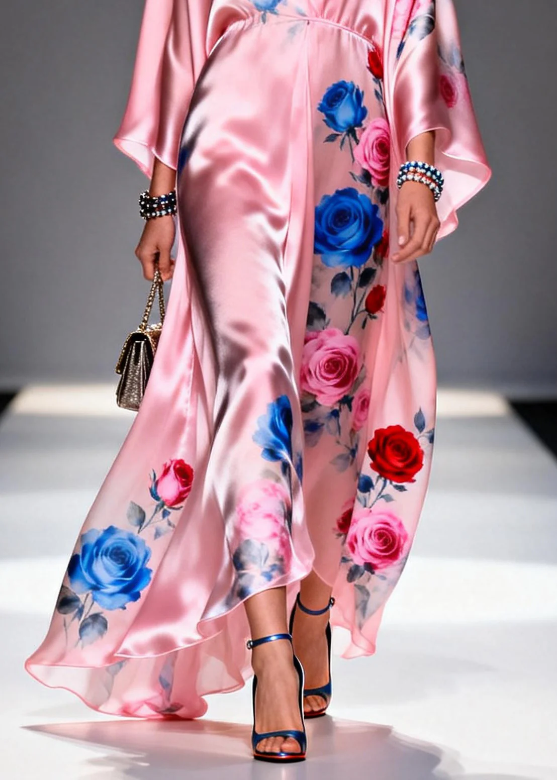 Elegant Pink Oversized Floral Print Silk Party Dress Summer - Image 4