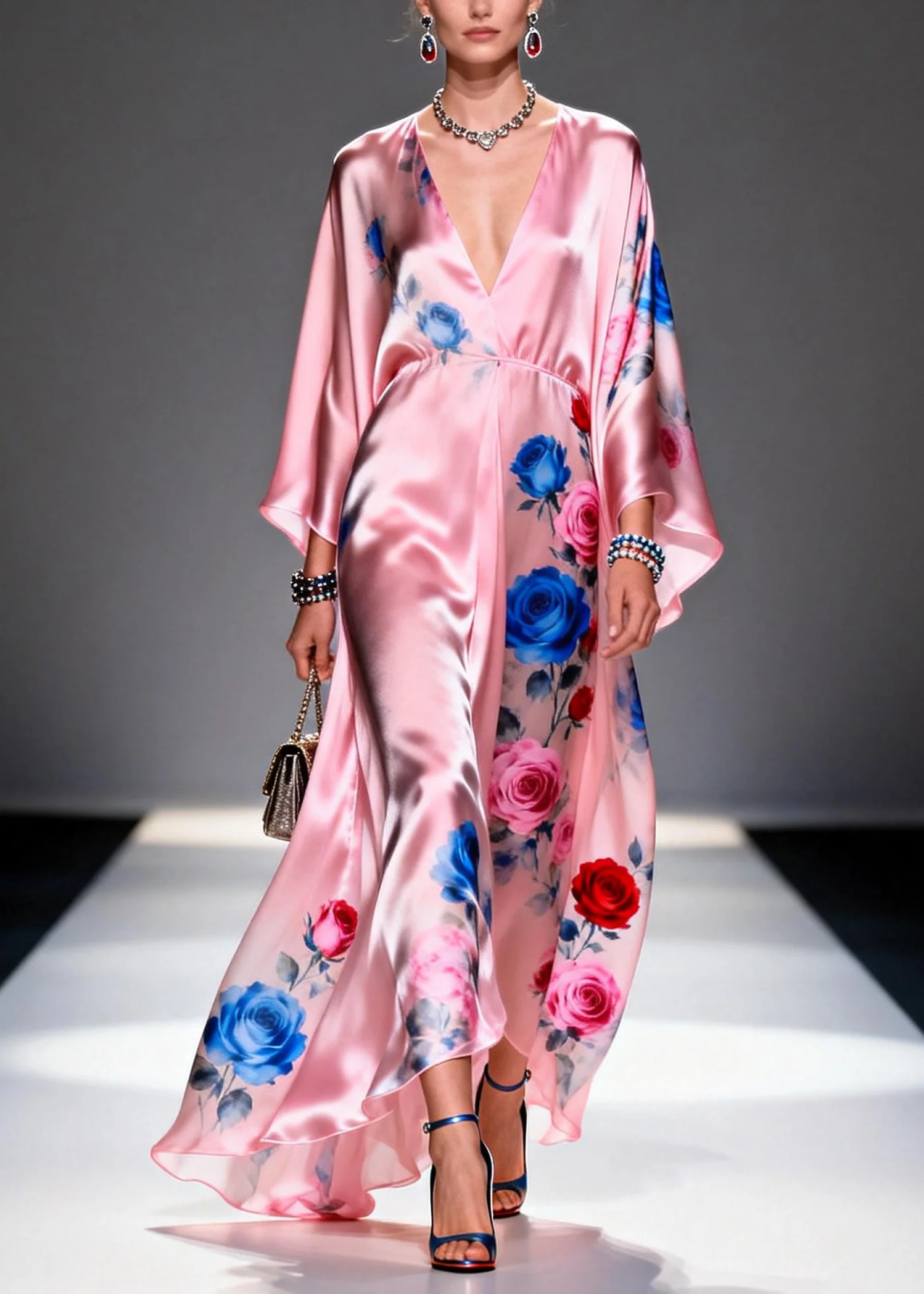 Elegant Pink Oversized Floral Print Silk Party Dress Summer - Image 5