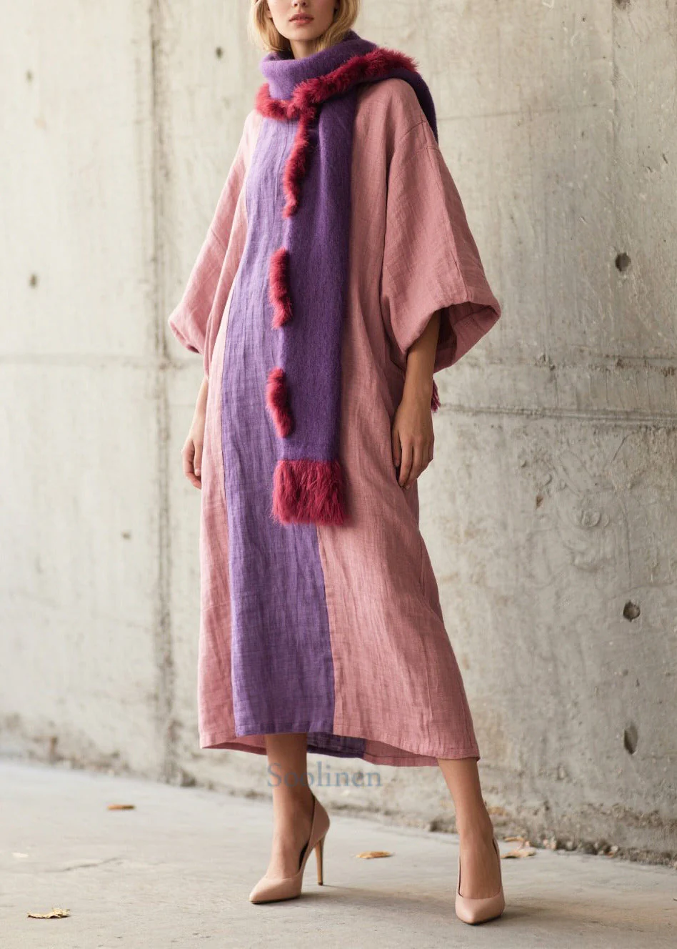 Elegant Pink Oversized Patchwork Cotton Robe Dresses Lantern Sleeve - Image 3