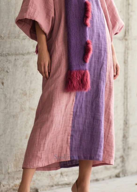 Elegant Pink Oversized Patchwork Cotton Robe Dresses Lantern Sleeve - Image 4