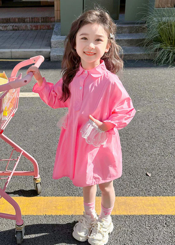 Elegant Pink Peter Pan Collar Patchwork Button Kids Long Shirts Dress Fall - Image 2