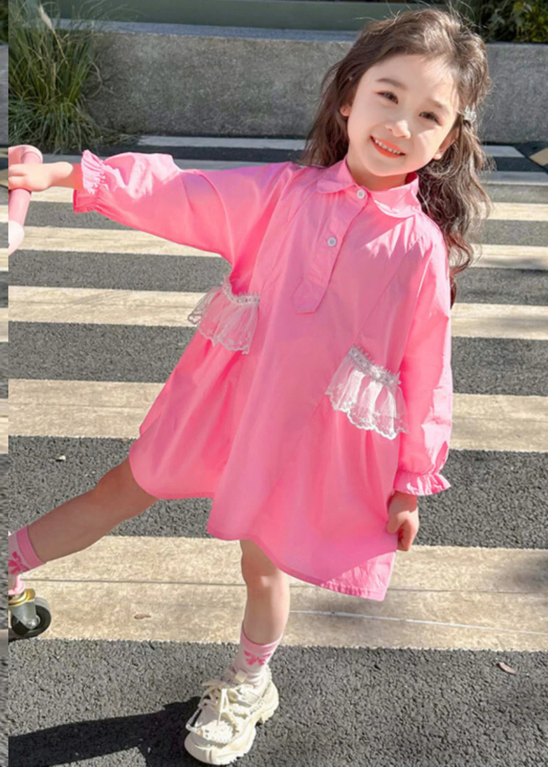 Elegant Pink Peter Pan Collar Patchwork Button Kids Long Shirts Dress Fall - Image 3