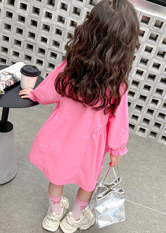 Elegant Pink Peter Pan Collar Patchwork Button Kids Long Shirts Dress Fall - Image 5
