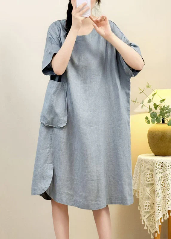 Elegant Pink Pockets Side Open Linen Dress Half Sleeve - Image 2