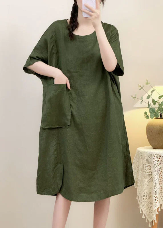 Elegant Pink Pockets Side Open Linen Dress Half Sleeve - Image 5