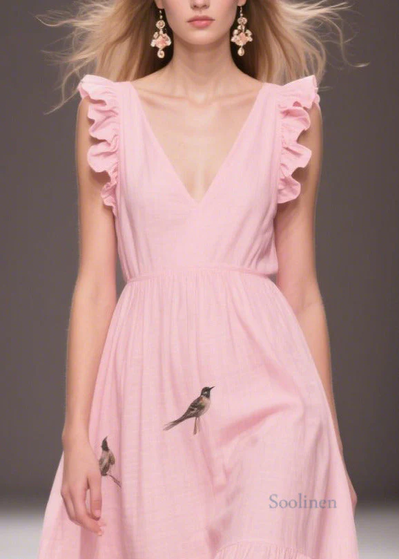 Elegant Pink Print Cotton Holiday Dress Butterfly Sleeve - Image 2