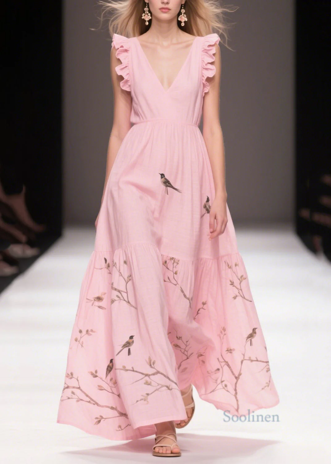 Elegant Pink Print Cotton Holiday Dress Butterfly Sleeve - Image 3
