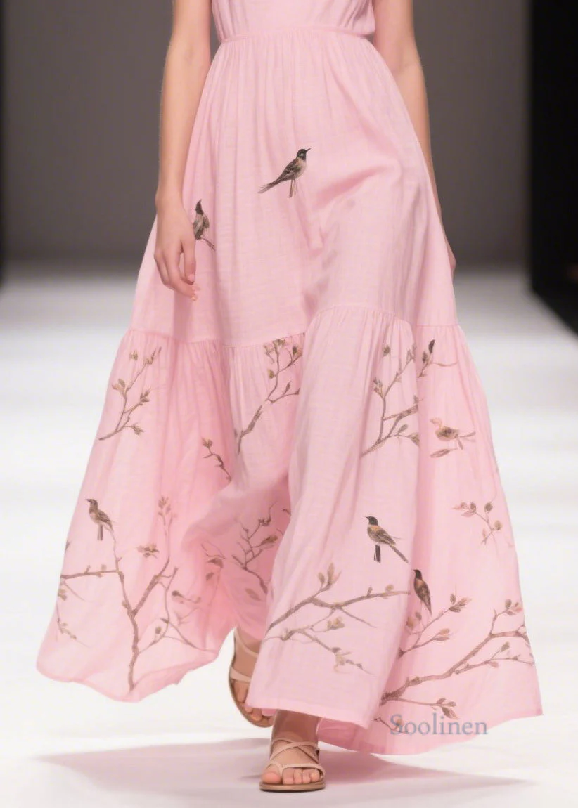 Elegant Pink Print Cotton Holiday Dress Butterfly Sleeve - Image 4