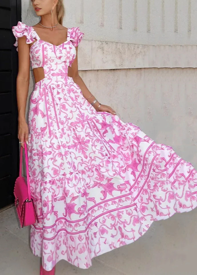 Elegant Pink Print Hollow Out Cotton Long Dresses Summer - Image 2
