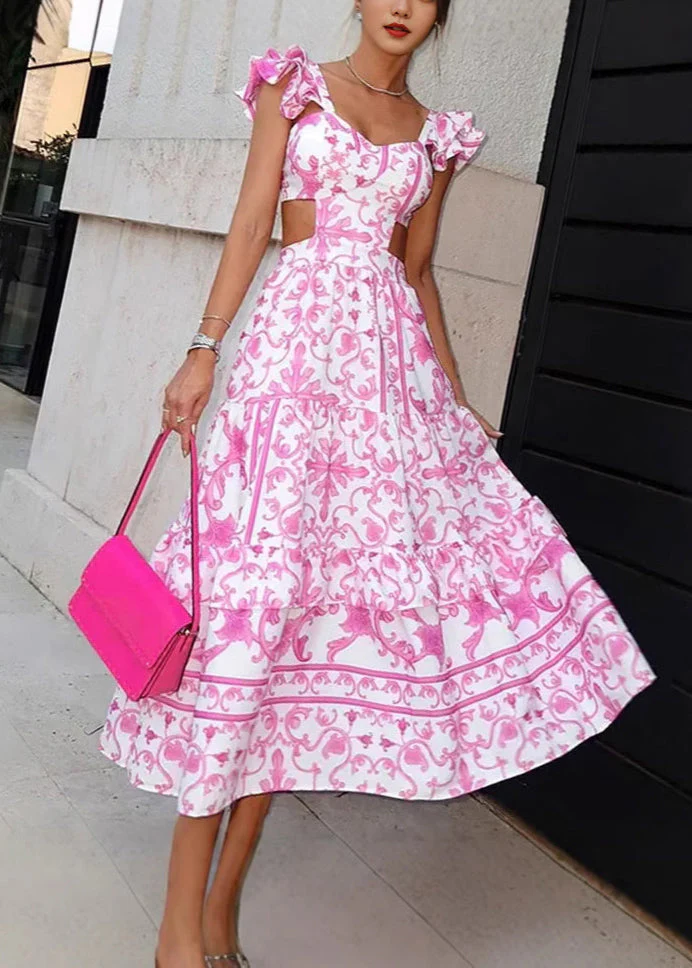 Elegant Pink Print Hollow Out Cotton Long Dresses Summer - Image 3