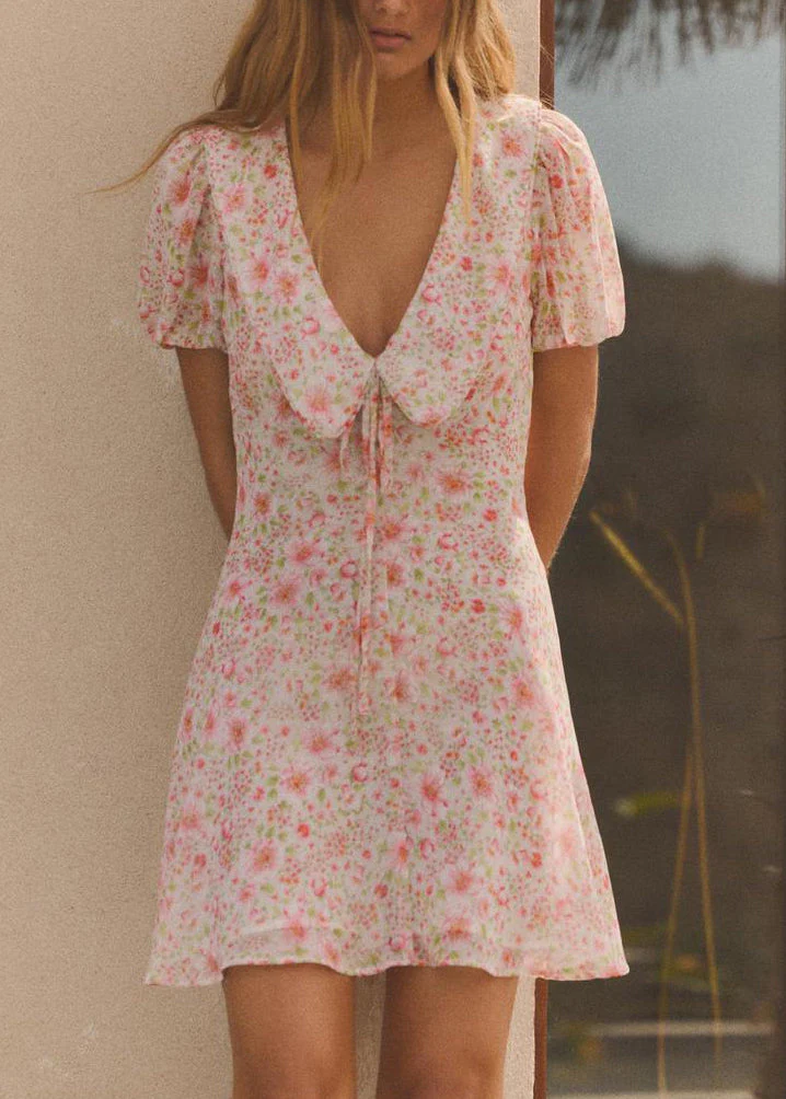 Elegant Pink Print Lace Up Cotton Mid Dress Summer - Image 2