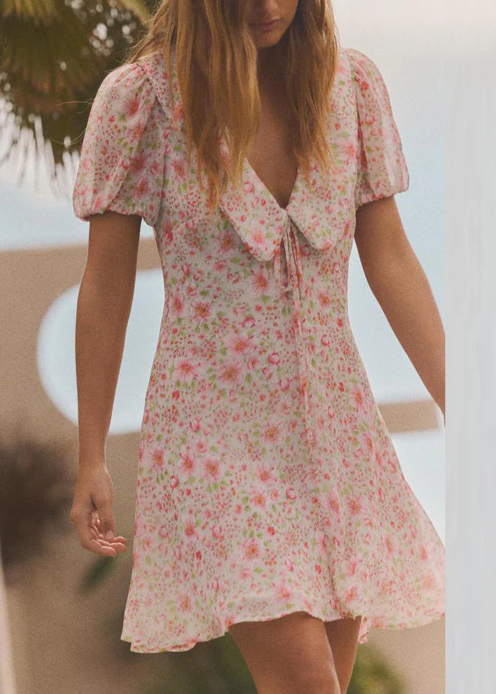Elegant Pink Print Lace Up Cotton Mid Dress Summer - Image 3