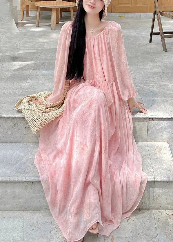 Elegant Pink Print Wrinkled Lace Up Chiffon Long Dress Fall - Image 2