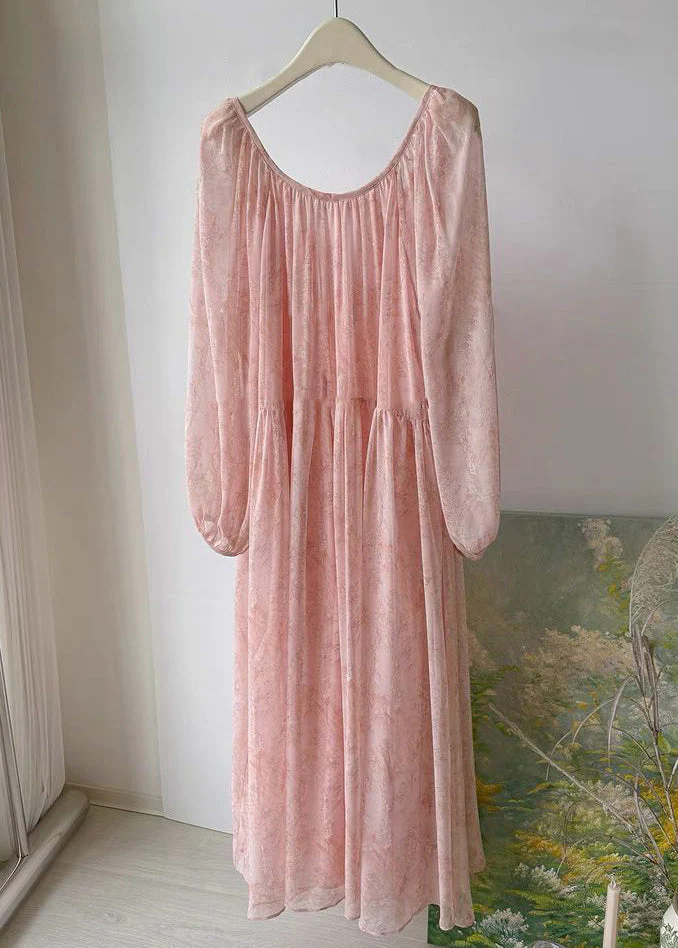 Elegant Pink Print Wrinkled Lace Up Chiffon Long Dress Fall - Image 3