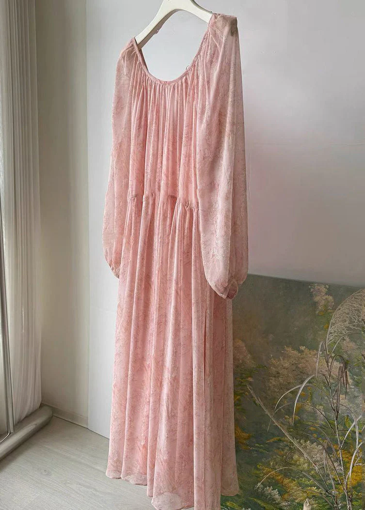 Elegant Pink Print Wrinkled Lace Up Chiffon Long Dress Fall - Image 4