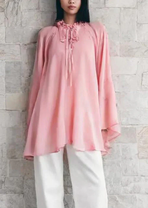 Elegant Pink Ruffled Lace Up Chiffon Mid Dress Flare Sleeve - Image 2