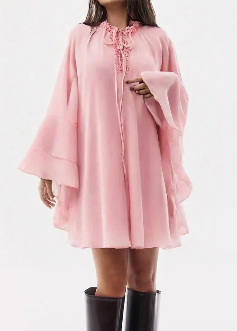 Elegant Pink Ruffled Lace Up Chiffon Mid Dress Flare Sleeve - Image 3