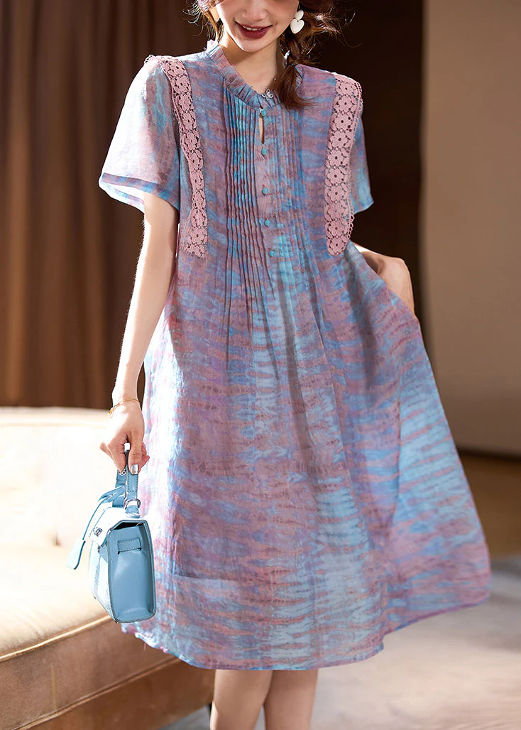 Elegant Pink Ruffled Print Chiffon Long Dress Short Sleeve - Image 2