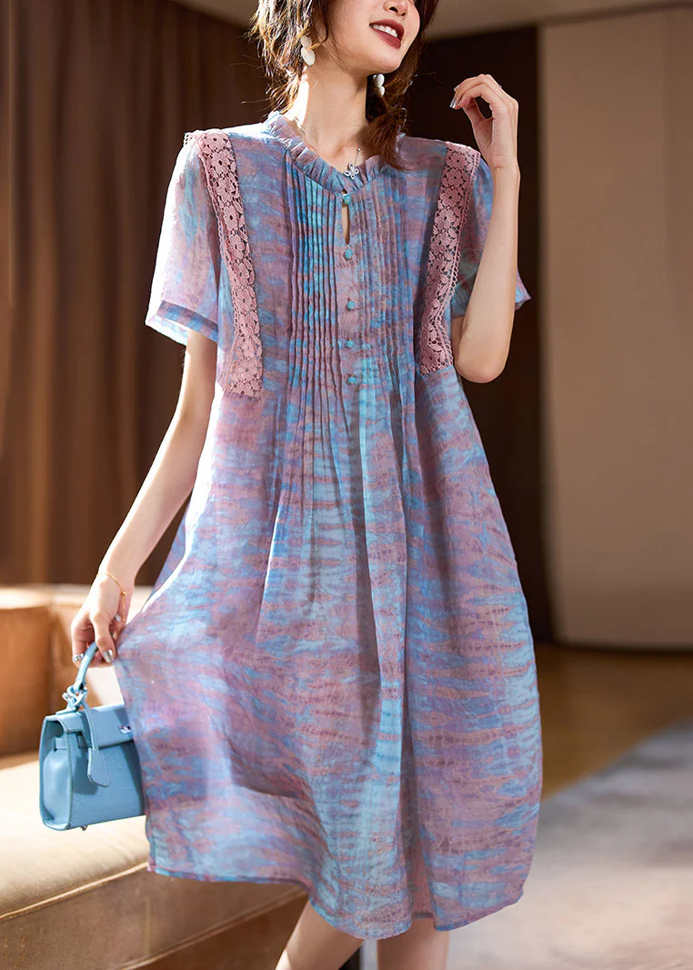 Elegant Pink Ruffled Print Chiffon Long Dress Short Sleeve - Image 3
