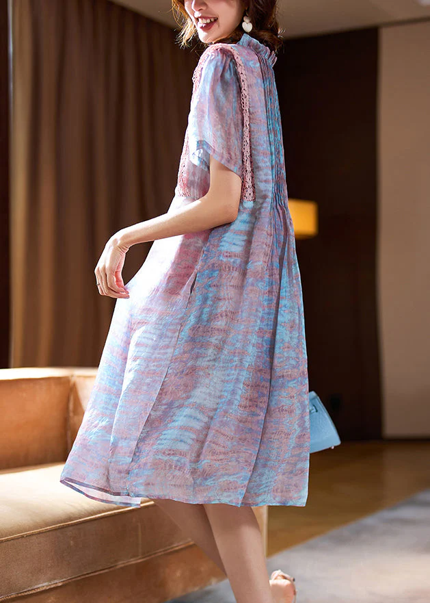 Elegant Pink Ruffled Print Chiffon Long Dress Short Sleeve - Image 4