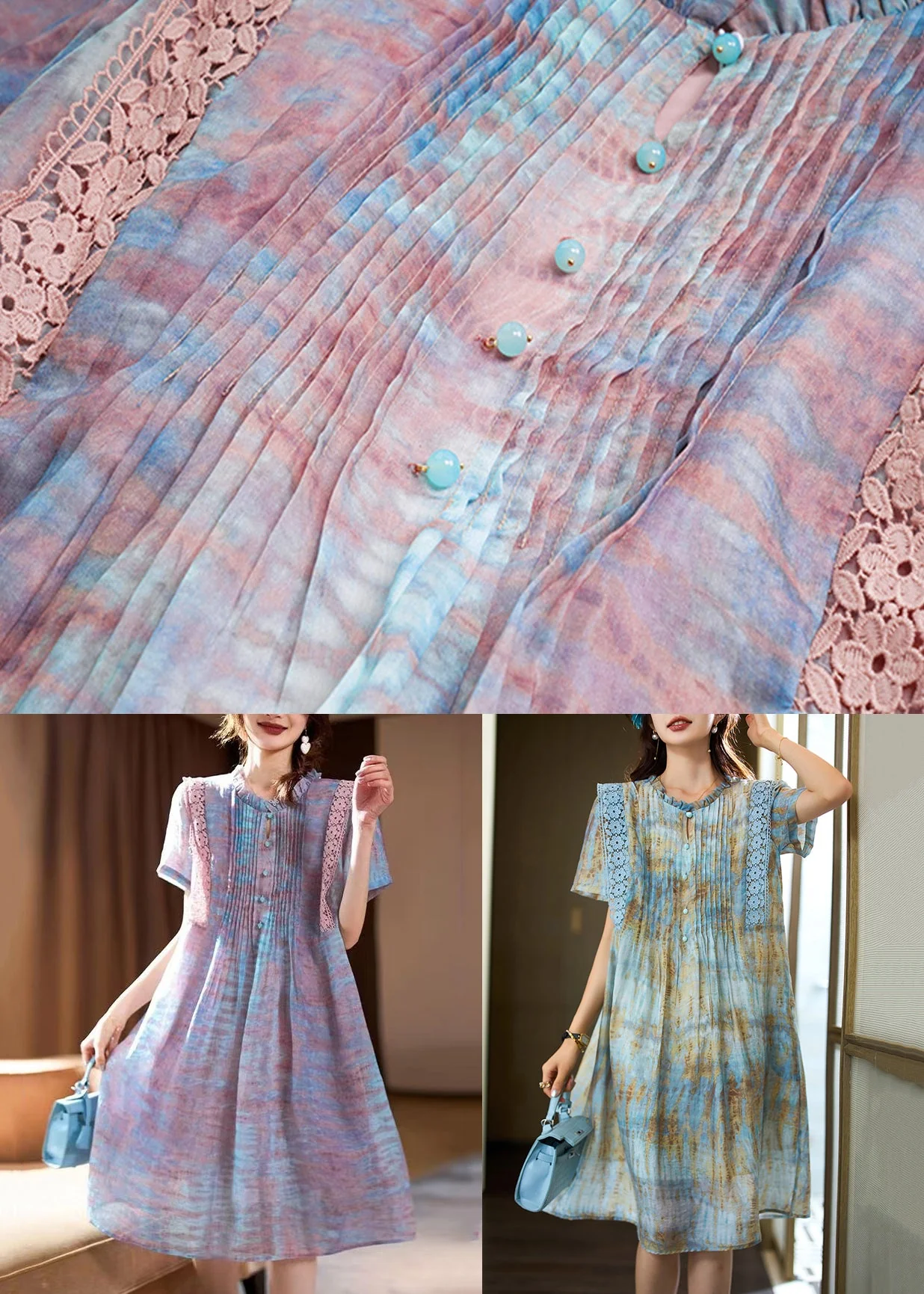 Elegant Pink Ruffled Print Chiffon Long Dress Short Sleeve - Image 5