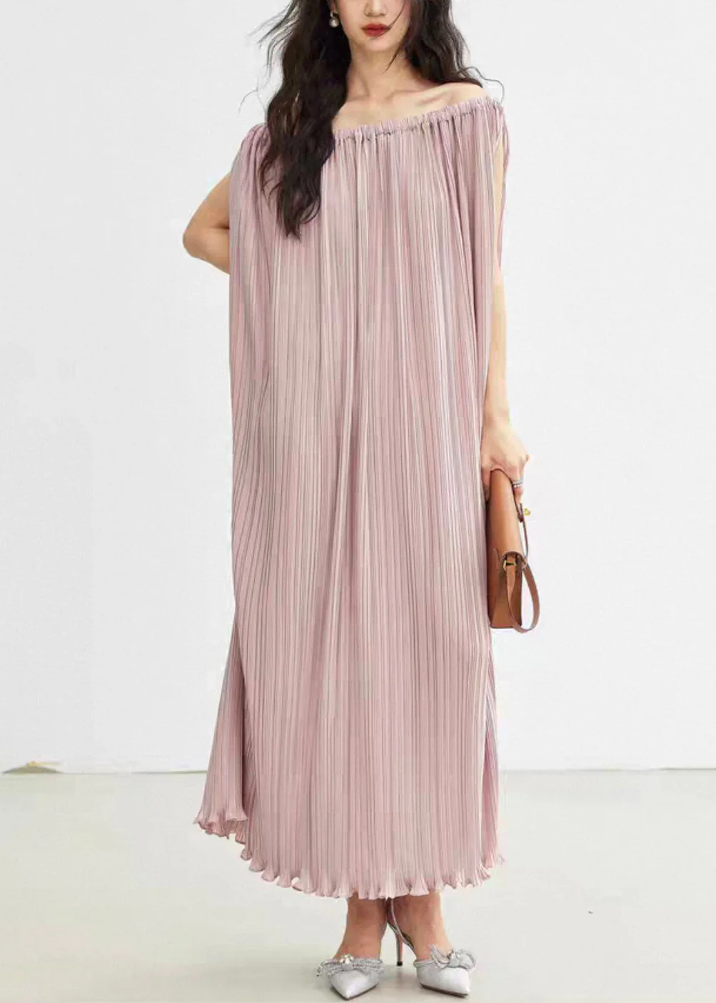 Elegant Pink Slash Neck Wrinkled Cotton Long Dresses Summer - Image 2