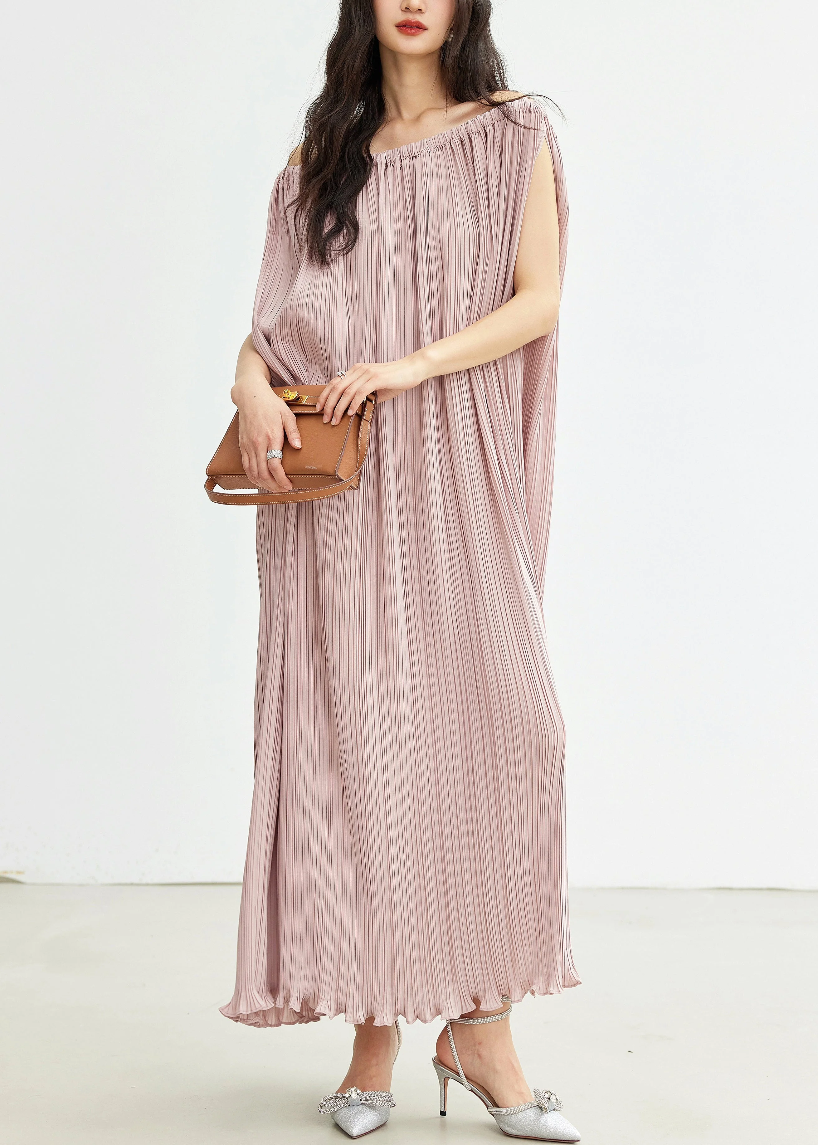 Elegant Pink Slash Neck Wrinkled Cotton Long Dresses Summer - Image 3