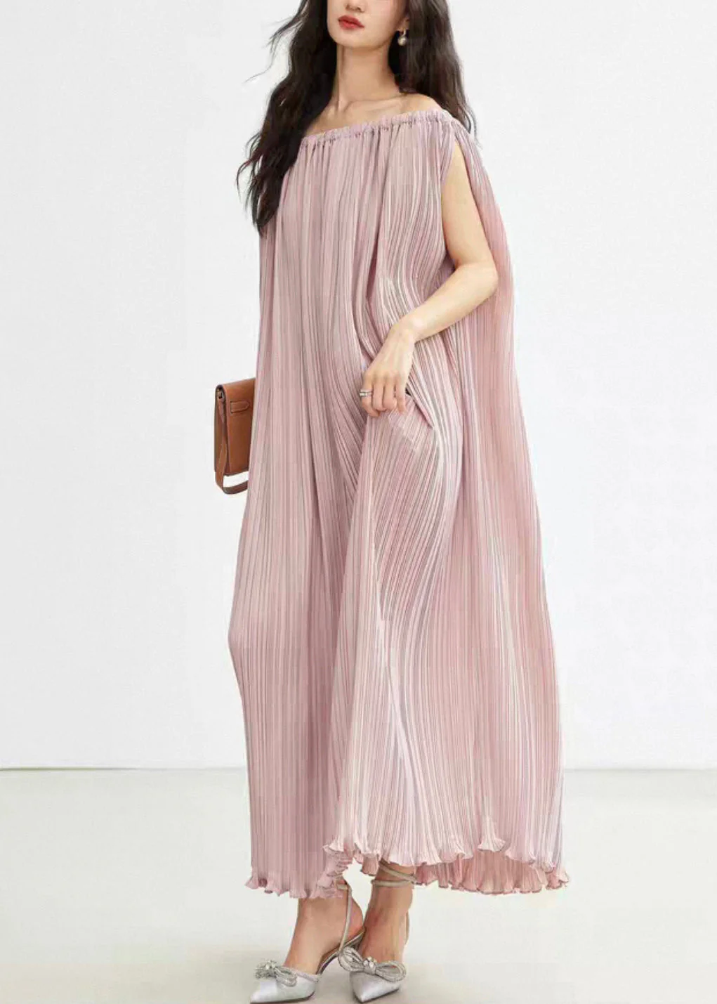 Elegant Pink Slash Neck Wrinkled Cotton Long Dresses Summer - Image 4
