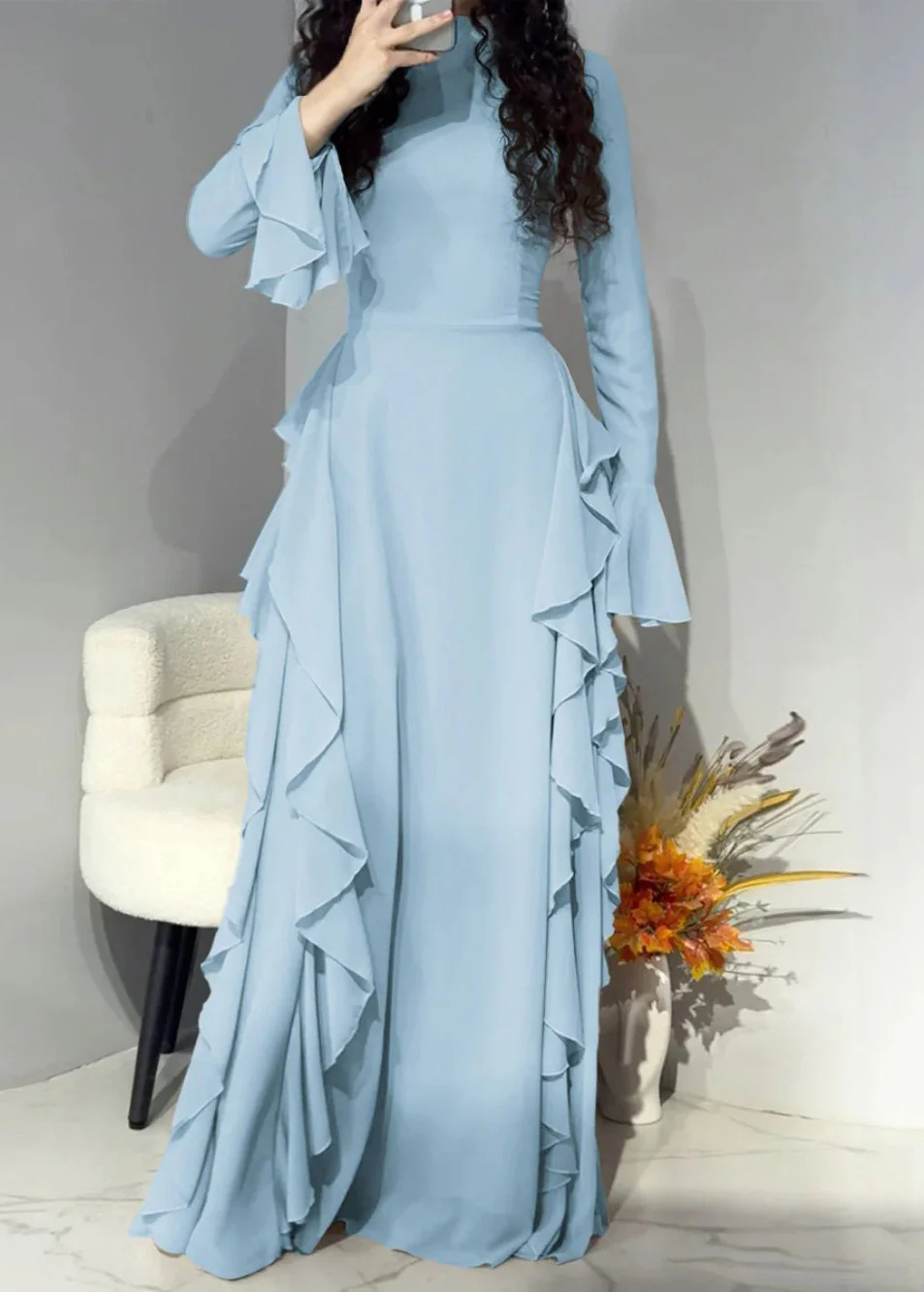 Elegant Pink Solid High Waist Chiffon Maxi Dresses Flare Sleeve - Image 3
