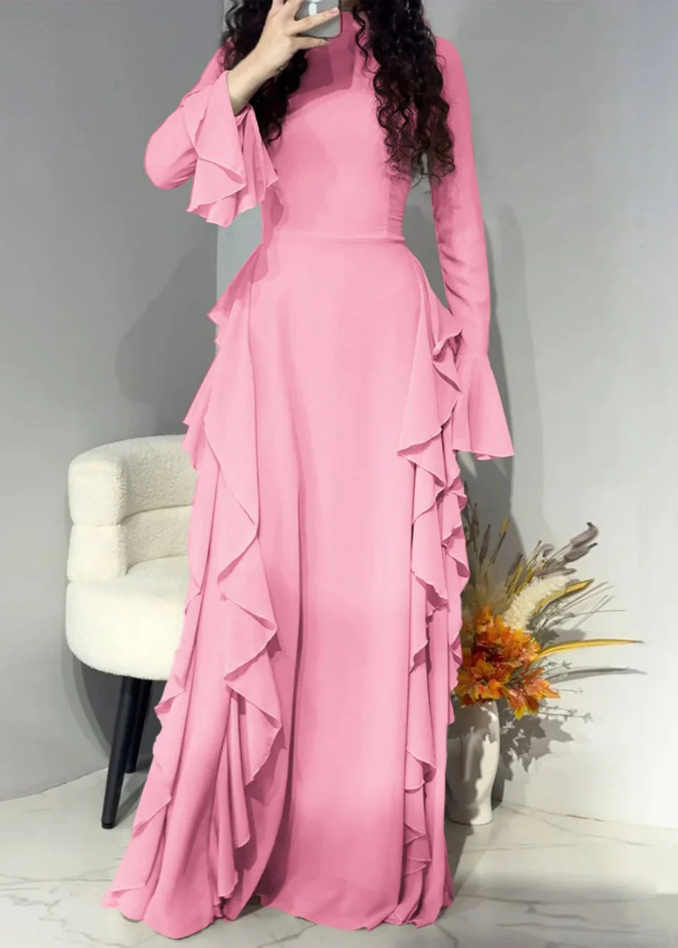 Elegant Pink Solid High Waist Chiffon Maxi Dresses Flare Sleeve - Image 4