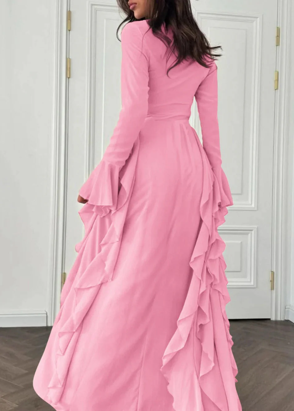 Elegant Pink Solid High Waist Chiffon Maxi Dresses Flare Sleeve - Image 5