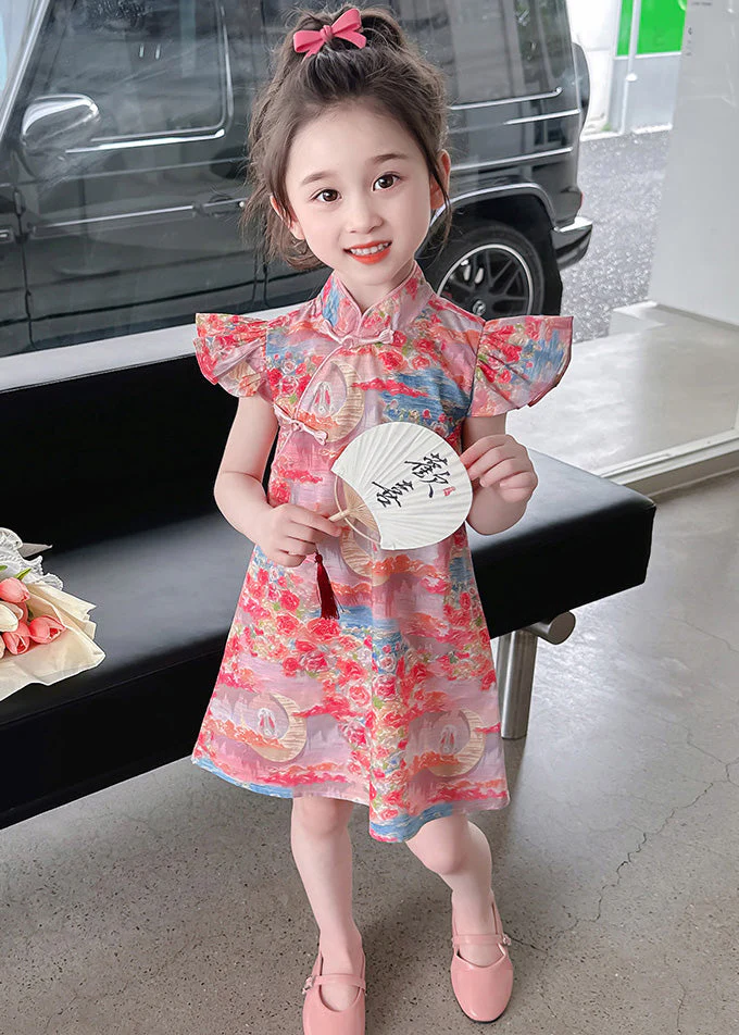 Elegant Pink Stand Collar Button Girls Mid Dress Summer - Image 2