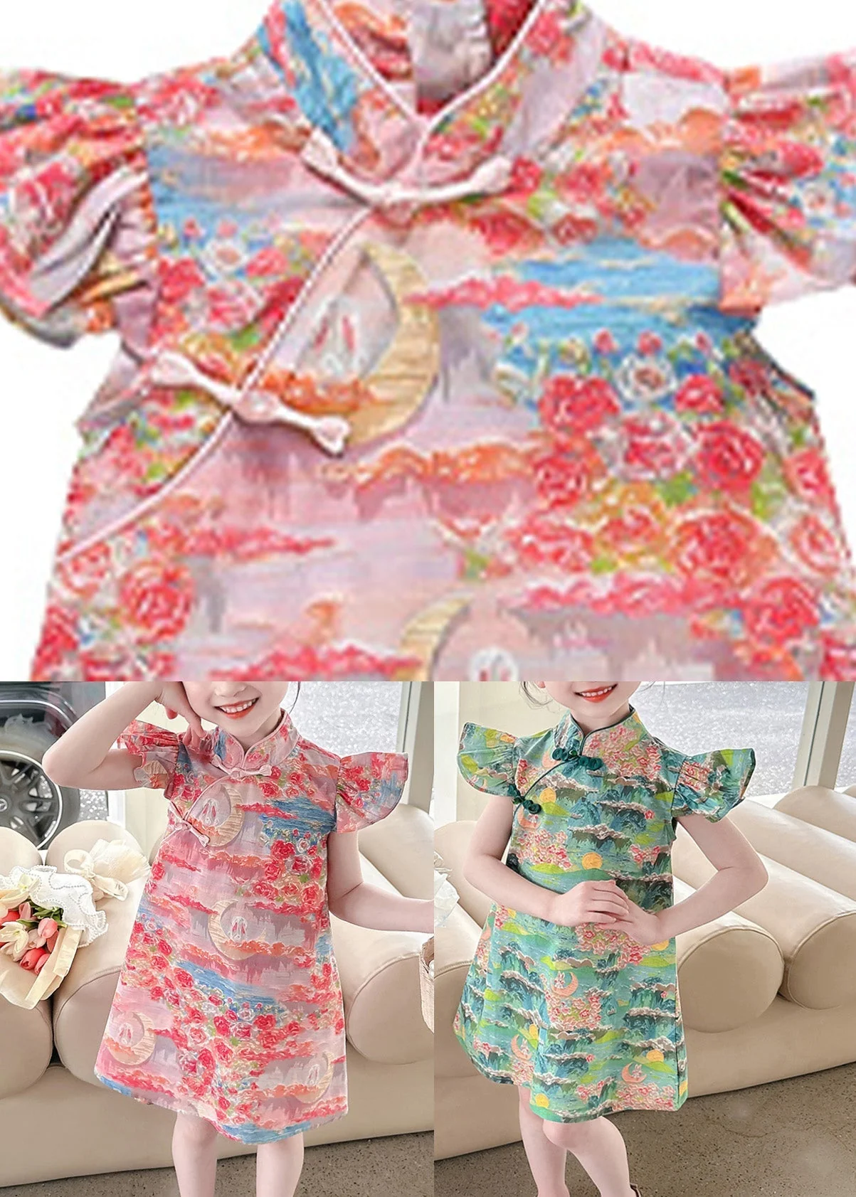 Elegant Pink Stand Collar Button Girls Mid Dress Summer - Image 4