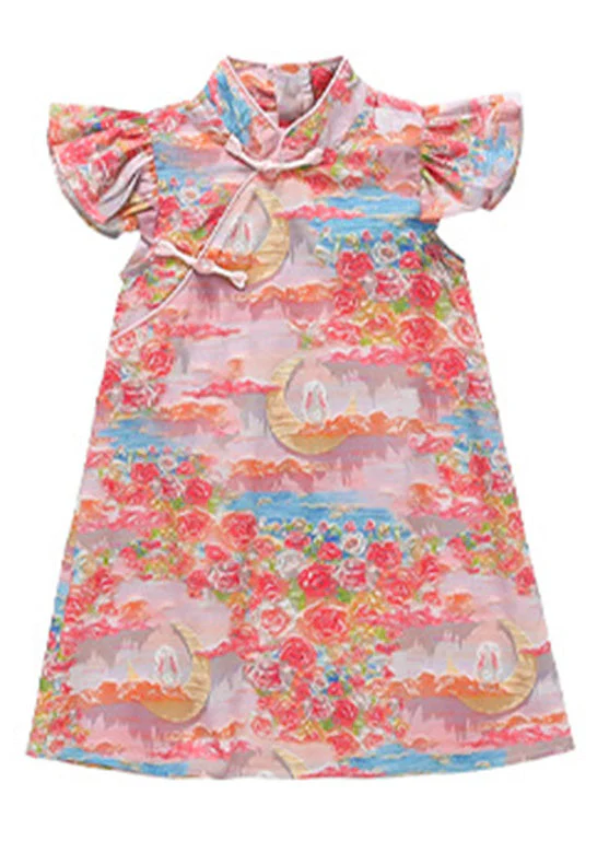 Elegant Pink Stand Collar Button Girls Mid Dress Summer - Image 5