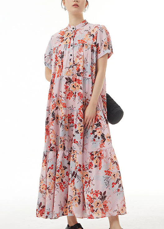 Elegant Pink Stand Collar Wrinkled Print Patchwork Chiffon Dress Summer - Image 2
