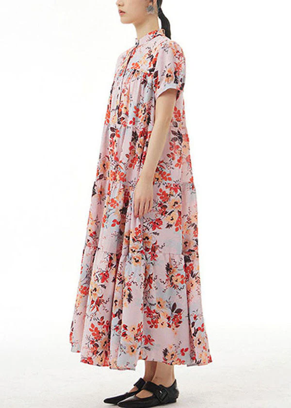 Elegant Pink Stand Collar Wrinkled Print Patchwork Chiffon Dress Summer - Image 3