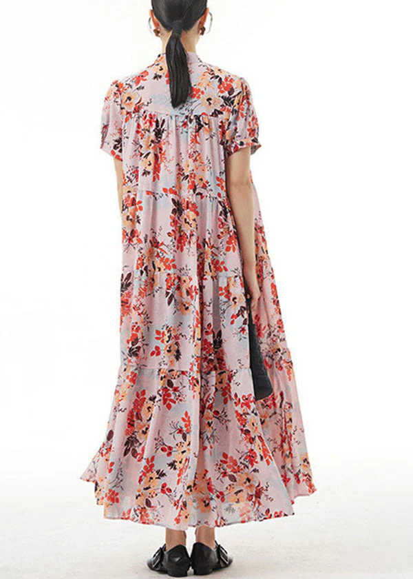 Elegant Pink Stand Collar Wrinkled Print Patchwork Chiffon Dress Summer - Image 4