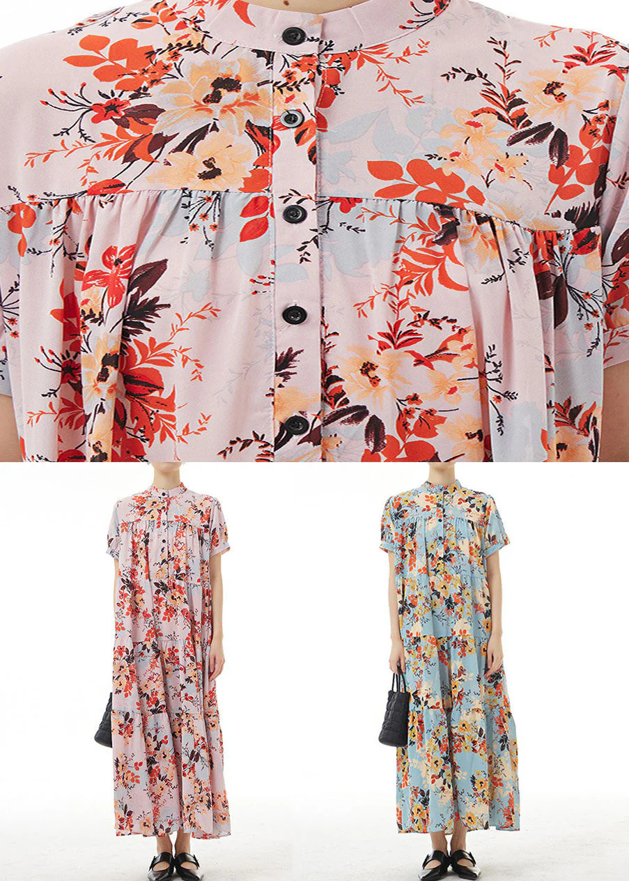 Elegant Pink Stand Collar Wrinkled Print Patchwork Chiffon Dress Summer - Image 5