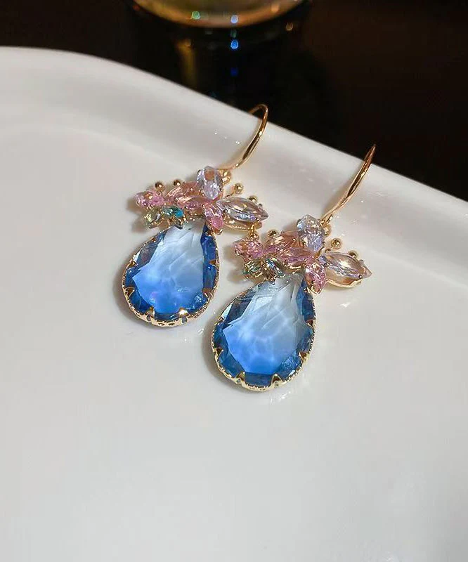 Elegant Pink Sterling Silver Alloy Crystal Butterfly Water Droplet Drop Earrings - Image 2