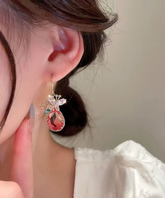 Elegant Pink Sterling Silver Alloy Crystal Butterfly Water Droplet Drop Earrings - Image 3