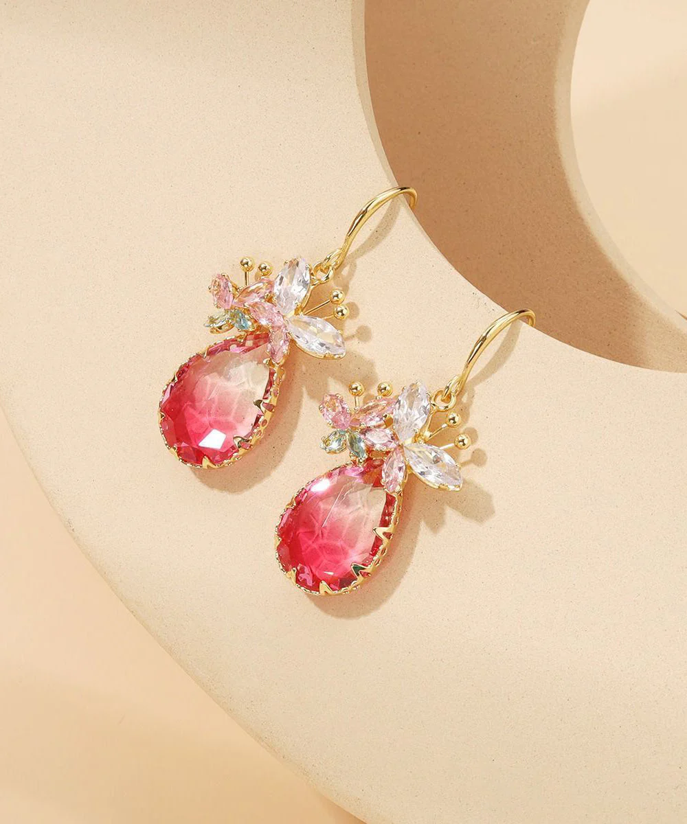 Elegant Pink Sterling Silver Alloy Crystal Butterfly Water Droplet Drop Earrings - Image 5