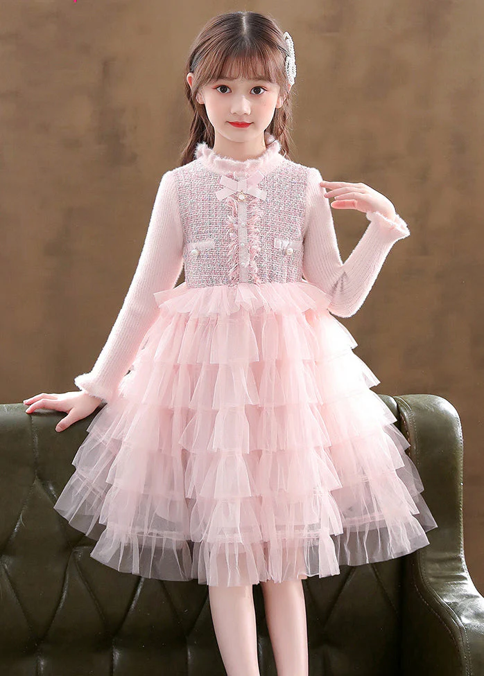 Elegant Pink Turtleneck Knit Patchwork Tulle Kids Vacation Mid Dresses Long Sleeve - Image 2