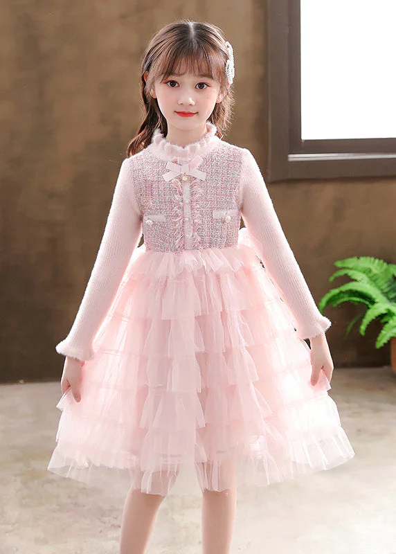 Elegant Pink Turtleneck Knit Patchwork Tulle Kids Vacation Mid Dresses Long Sleeve - Image 3