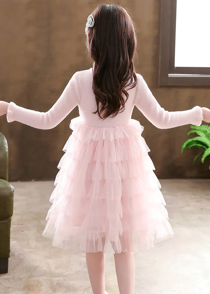 Elegant Pink Turtleneck Knit Patchwork Tulle Kids Vacation Mid Dresses Long Sleeve - Image 4