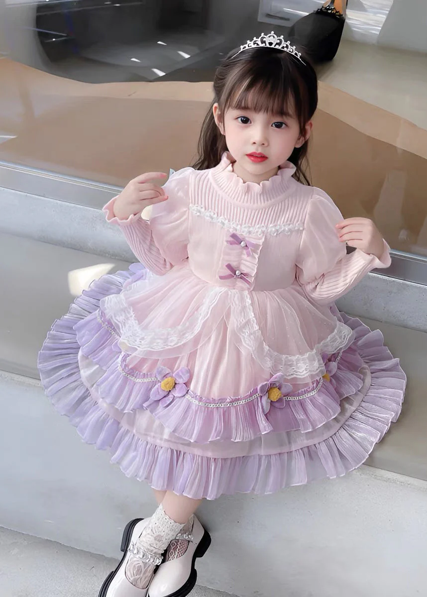 Elegant Pink Turtleneck Tulle Patchwork Knit Girls Holiday Maxi Dress Long Sleeve - Image 2