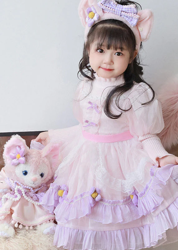 Elegant Pink Turtleneck Tulle Patchwork Knit Girls Holiday Maxi Dress Long Sleeve - Image 3
