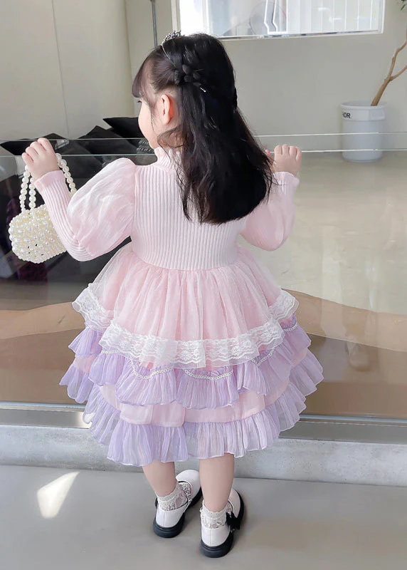 Elegant Pink Turtleneck Tulle Patchwork Knit Girls Holiday Maxi Dress Long Sleeve - Image 4
