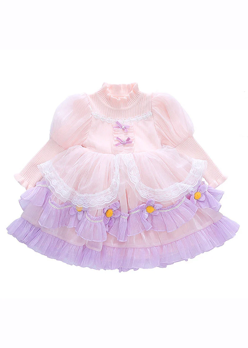 Elegant Pink Turtleneck Tulle Patchwork Knit Girls Holiday Maxi Dress Long Sleeve - Image 5