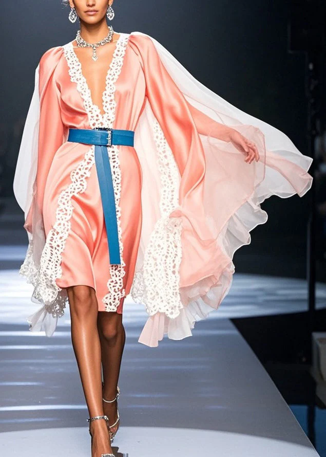 Elegant Pink V Neck Lace Tulle Patchwork Dresses Spring - Image 3