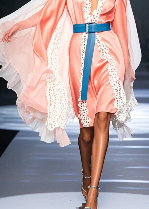 Elegant Pink V Neck Lace Tulle Patchwork Dresses Spring - Image 4